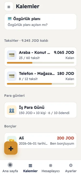 Taksitler, para günleri ve borçlar — tek yerde